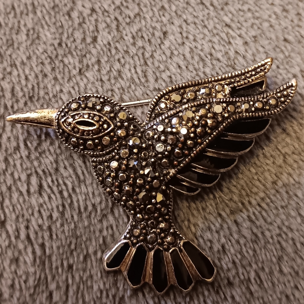 Whimsical Hummingbird Black & Silver Tone Vintage Bird Brooch, Whimsigoth Pin
